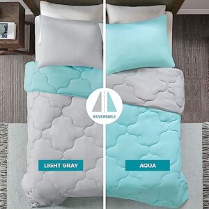 Comfort Spaces Vixie Reversible Comforter Set - Trendy Casual Geometric Quilted Cover, All Season Down Alternative Cozy Bedding, Matching Sham, Aqua/Gray, Twin/Twin XL 2 piece