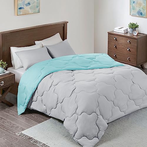 Comfort Spaces Vixie Reversible Comforter Set - Trendy Casual Geometric Quilted Cover, All Season Down Alternative Cozy Bedding, Matching Sham, Aqua/Gray, Twin/Twin XL 2 piece