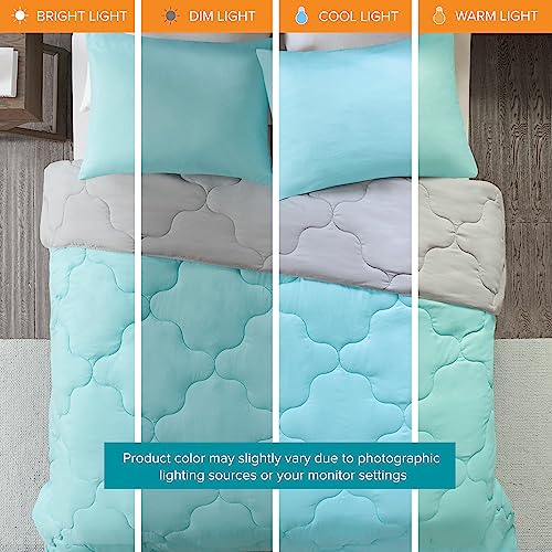 Comfort Spaces Vixie Reversible Comforter Set - Trendy Casual Geometric Quilted Cover, All Season Down Alternative Cozy Bedding, Matching Sham, Aqua/Gray, Twin/Twin XL 2 piece