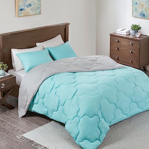 Comfort Spaces Vixie Reversible Comforter Set - Trendy Casual Geometric Quilted Cover, All Season Down Alternative Cozy Bedding, Matching Sham, Aqua/Gray, Twin/Twin XL 2 piece