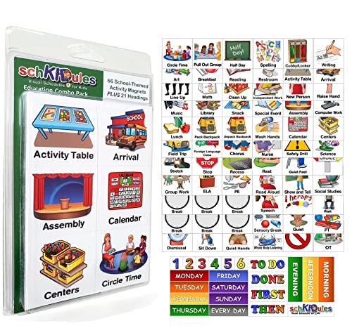 SchKIDules Visual Schedule for Kids 87Pc Education Collection - Classroom and Homeschool Visual Supports: 66 School-Themed Magnets and 21 Headings for Preschool, Special Ed, Autism, ADHD