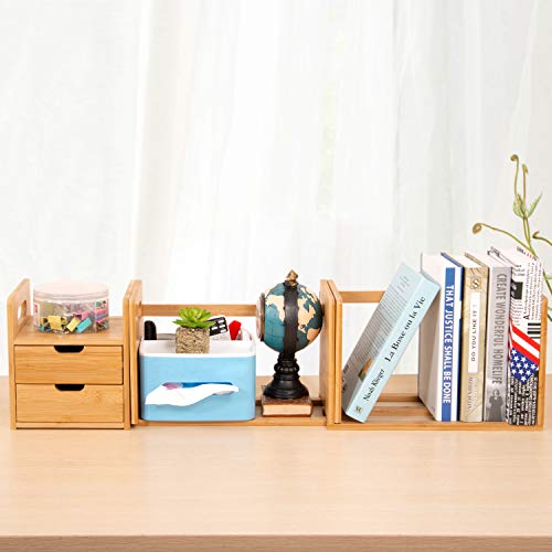 Ollieroo Natural Bamboo Desk Organizer with Extendable Storage for Office and Home, CD Holder Media Rack