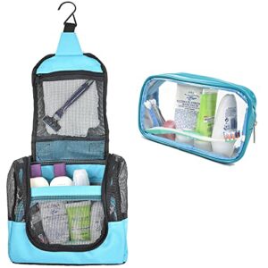 the fine living co. portable hanging shower caddy organizer bag (free toiletries case+metal hook) quick dry mesh shower caddy tote bag pouch for bathroom college dorm camp gym camping 10”x4”x9”(aqua)