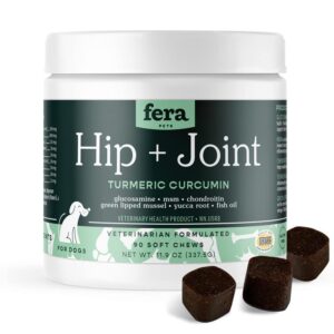 fera pets hip + joint dog supplement, joint support for dogs with glucosamine chondroitin and msm, joint care and health support chewy dog treats, 90 soft chews