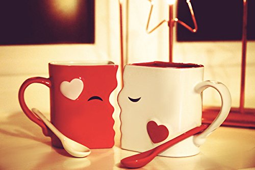 Blu Devil Kissing Mugs Set, Anniversary & Wedding Gifts, Exquisitely Crafted Two Large Cups & Spoons for Couples, for Him and Her on Valentines, Birthday, Engagement