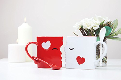 Blu Devil Kissing Mugs Set, Anniversary & Wedding Gifts, Exquisitely Crafted Two Large Cups & Spoons for Couples, for Him and Her on Valentines, Birthday, Engagement