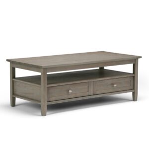 simplihome warm shaker solid wood 48 inch wide rectangle transitional coffee table in distressed grey, for the living room and family room