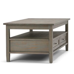 SIMPLIHOME Warm Shaker SOLID WOOD 48 Inch Wide Rectangle Transitional Coffee Table in Distressed Grey, For the Living Room and Family Room