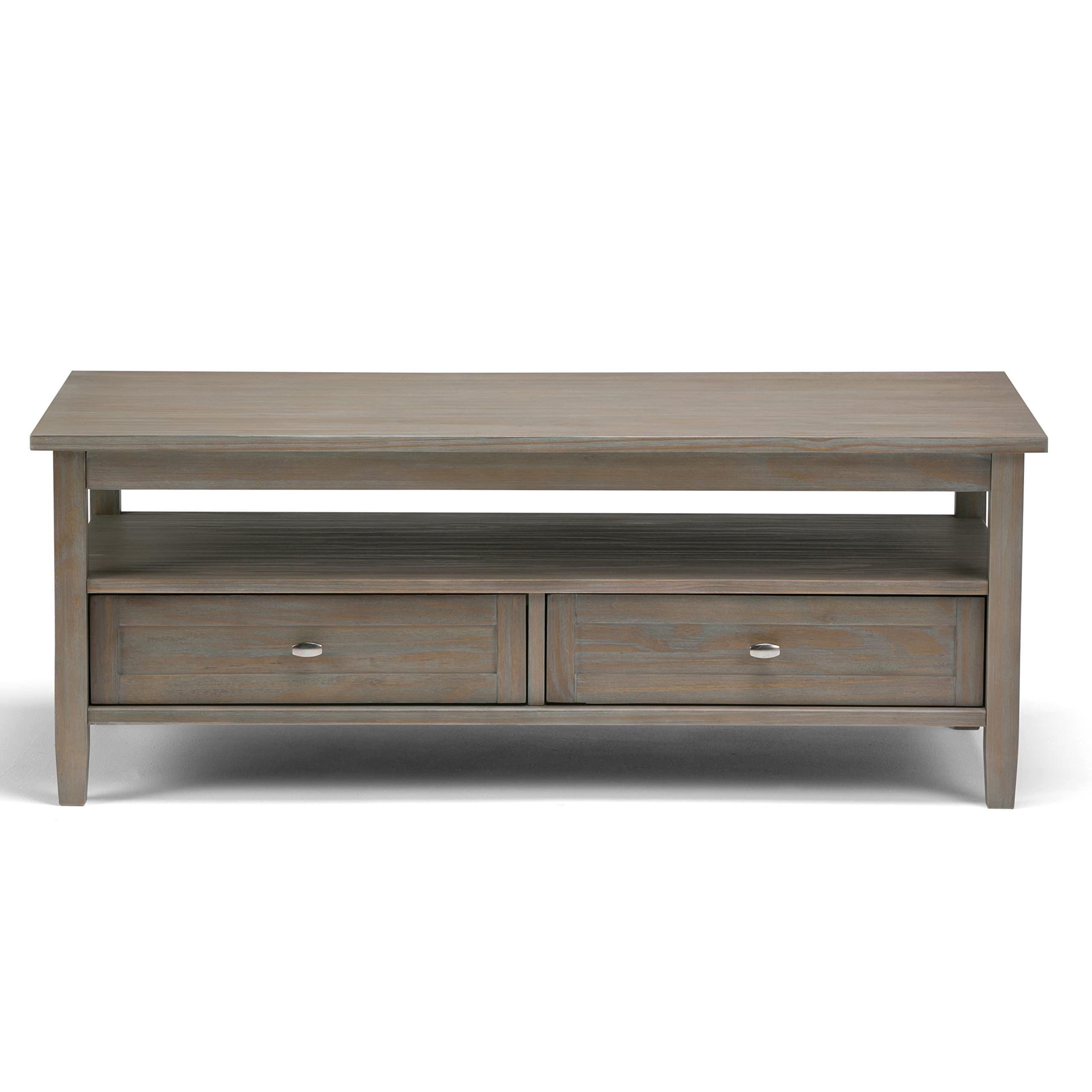 SIMPLIHOME Warm Shaker SOLID WOOD 48 Inch Wide Rectangle Transitional Coffee Table in Distressed Grey, For the Living Room and Family Room