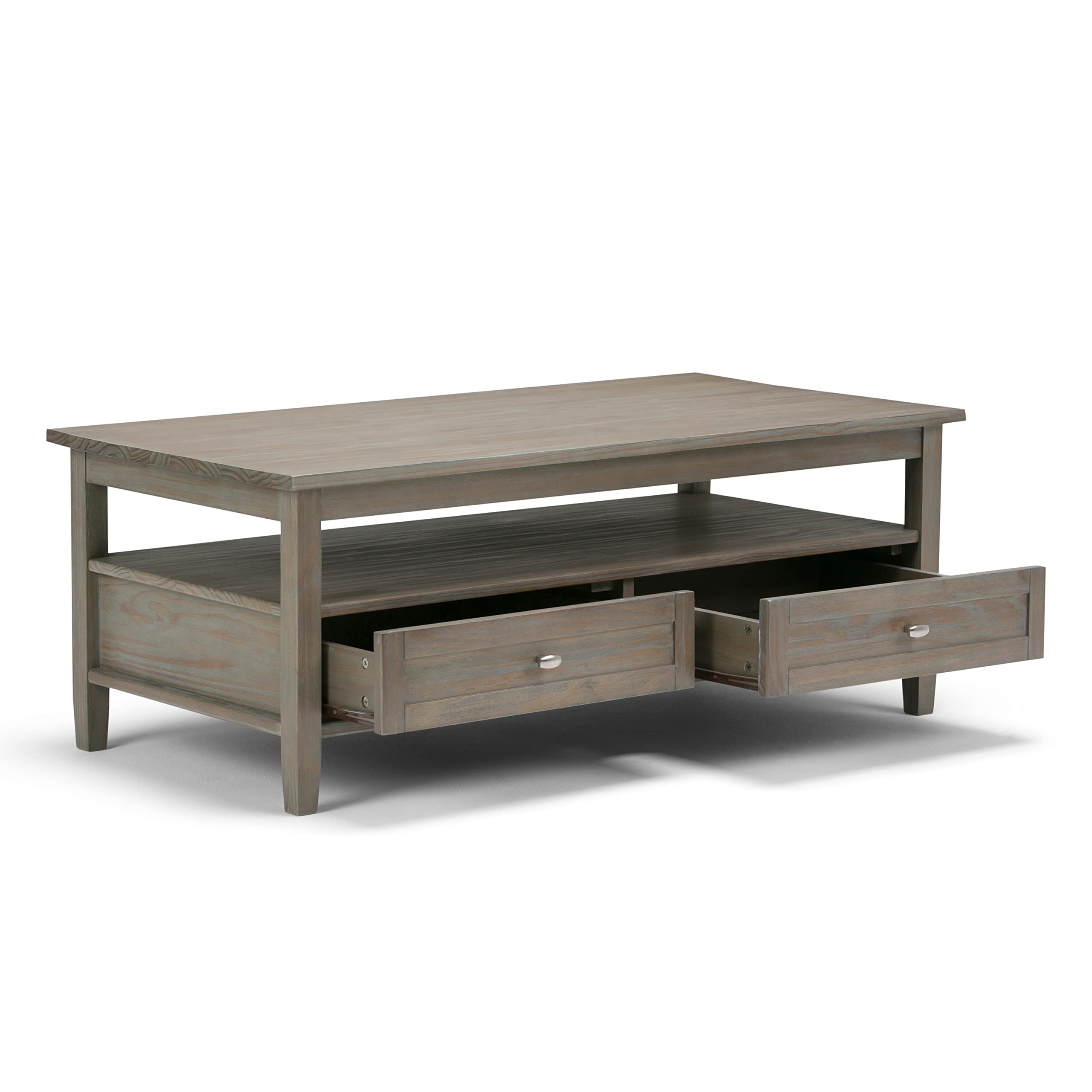 SIMPLIHOME Warm Shaker SOLID WOOD 48 Inch Wide Rectangle Transitional Coffee Table in Distressed Grey, For the Living Room and Family Room