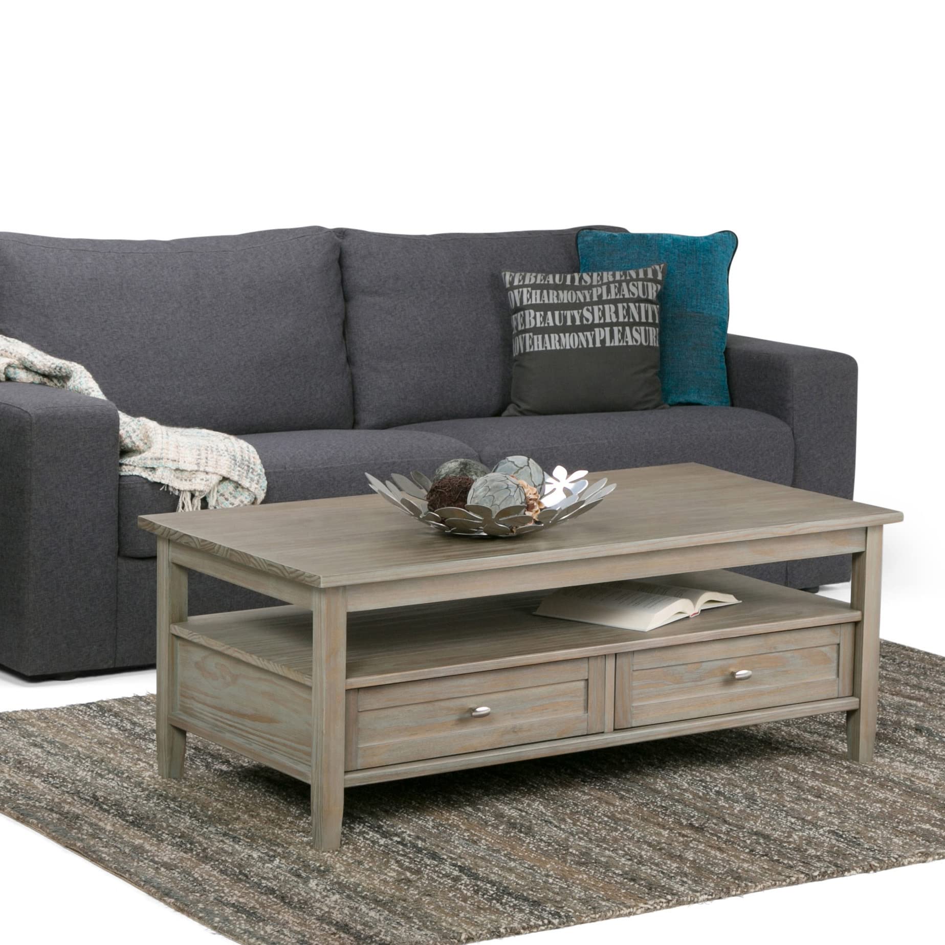 SIMPLIHOME Warm Shaker SOLID WOOD 48 Inch Wide Rectangle Transitional Coffee Table in Distressed Grey, For the Living Room and Family Room