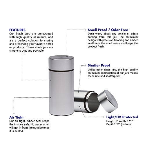 HIDE Stash Jar - Airtight Smell Proof Durable Multi-Use Portable Metal Herb Jar Container. Waterproof Aluminum Screw-top Lid Lock (Pack of 2, Silver)