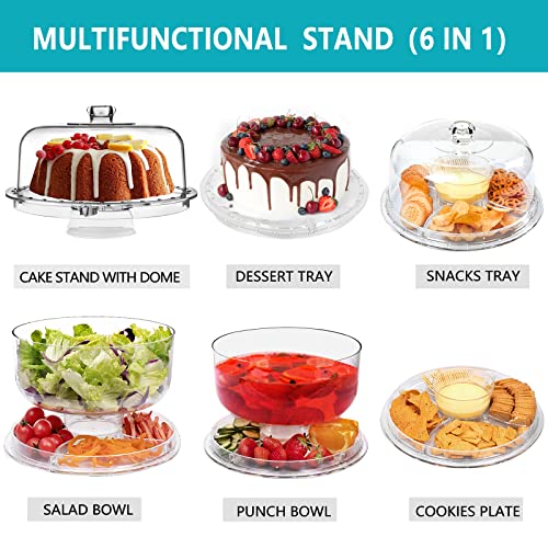 HBlife Acrylic Cake Stand with Dome Cover Multifunctional Serving Cookie Platter Punch Bowl and Cake Plate for Dessert Table Display for Parties (6 Uses)