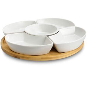 Elama Signature Appetizer and Condiment Server Set 5 Dishes and 1 Lazy Suzan Serving Tray, 6 Piece, White Stoneware and Natural Bamboo