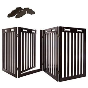 arf pets freestanding dog gate with door, 4 panel 360° configurable wooden fence, 80" wide, 31.5" tall, foldable, set of foot supporters included, for the house - indoor use
