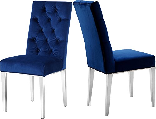 Meridian Furniture Juno Collection Modern | Contemporary Velvet Dining Chair with Luxurious Deep Tufting and Polished Chrome Metal Legs, Set of 2, 19" W x 25" D x 36.5" H, Navy