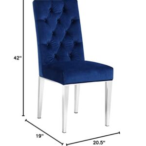 Meridian Furniture Juno Collection Modern | Contemporary Velvet Dining Chair with Luxurious Deep Tufting and Polished Chrome Metal Legs, Set of 2, 19" W x 25" D x 36.5" H, Navy