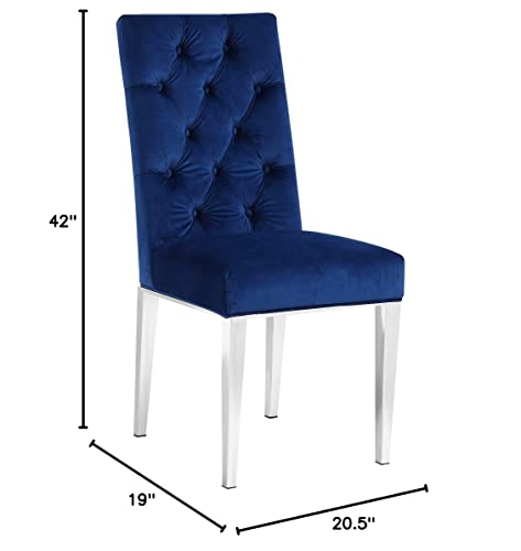 Meridian Furniture Juno Collection Modern | Contemporary Velvet Dining Chair with Luxurious Deep Tufting and Polished Chrome Metal Legs, Set of 2, 19" W x 25" D x 36.5" H, Navy