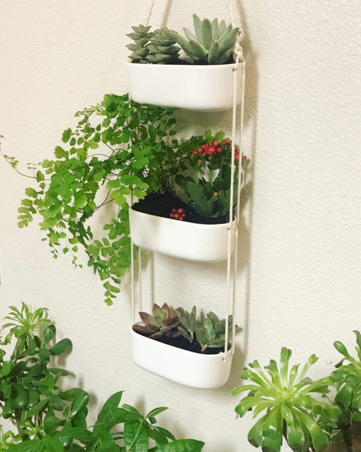 Mkono Hanging Planter Wall Planter for Indoor Plants, Flower Plant Ceramic Pots for Succulent Herb Air Plant Holder Faux Plants Vertical Garden, Home Office Decor 3 Tier, White (Plant Not Included)