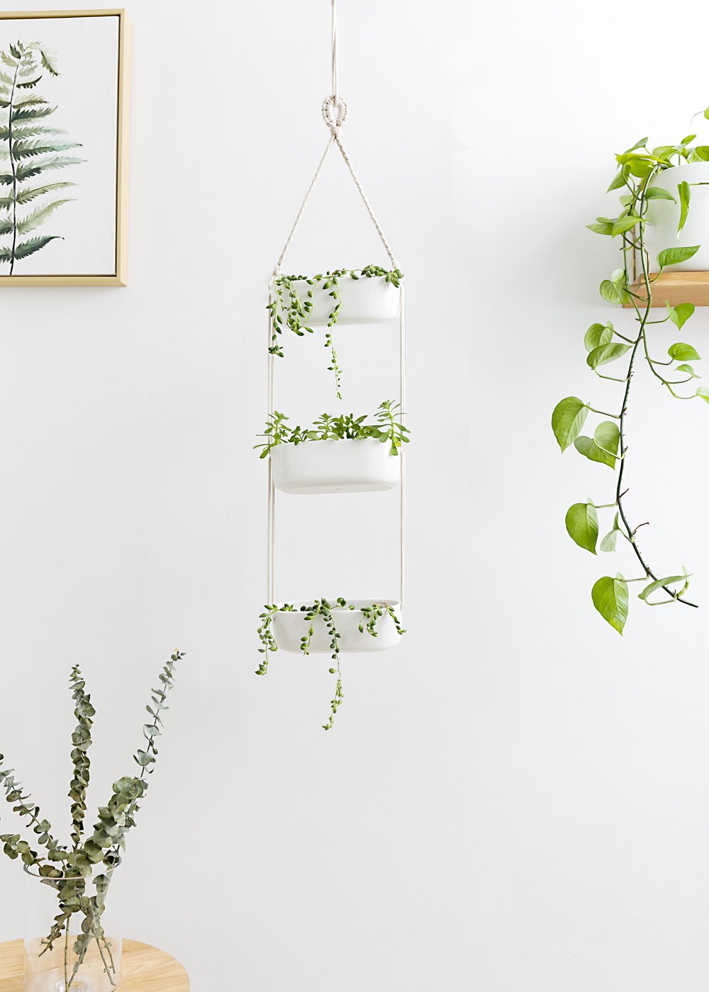 Mkono Hanging Planter Wall Planter for Indoor Plants, Flower Plant Ceramic Pots for Succulent Herb Air Plant Holder Faux Plants Vertical Garden, Home Office Decor 3 Tier, White (Plant Not Included)