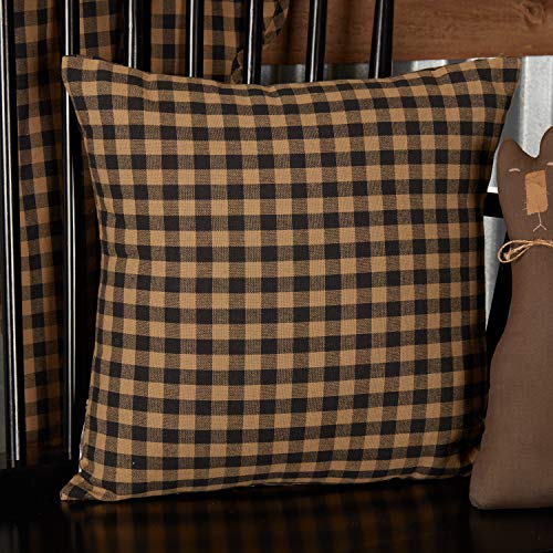 VHC Brands Black Check Fabric Pillow 16x16 Country Rustic Design, Black and Tan