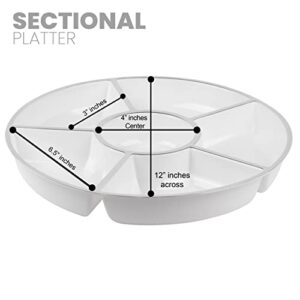 PARTY BARGAINS 6-Section Round Plastic Serving Tray, 12 inch, White with Silver Rim, Pack of 4, Reusable Platters for Appetizers, Fruits, Snacks, Charcuterie, Dessert