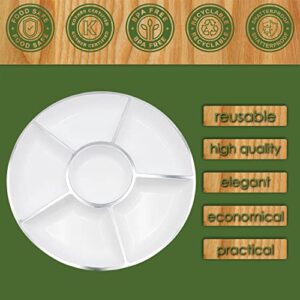 PARTY BARGAINS 6-Section Round Plastic Serving Tray, 12 inch, White with Silver Rim, Pack of 4, Reusable Platters for Appetizers, Fruits, Snacks, Charcuterie, Dessert