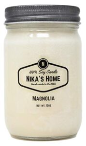 nika's home magnolia soy candle 12oz mason jar non-toxic white soy handmade, long burning 50-60 hours highly scented all natural, clean burning large candle gift décor