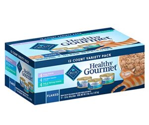 blue buffalo healthy gourmet natural adult flaked wet cat food variety pack tuna, chicken, fish & shrimp 3-oz cans (12 count- 4 of each flavor)