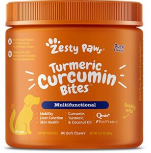 zesty paws turmeric curcumin for dogs - for hip & joint mobility supports canine digestive cardiovascular & liver health coconut oil for skin health with 95% curcuminoids + bioperine duck, 90 count