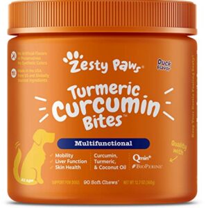 Zesty Paws Turmeric Curcumin for Dogs - for Hip & Joint Mobility Supports Canine Digestive Cardiovascular & Liver Health Coconut Oil for Skin Health with 95% Curcuminoids + BioPerine Duck, 90 Count