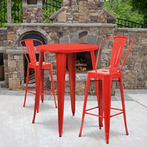 flash furniture commercial grade 30" round red metal indoor-outdoor bar table set with 2 cafe stools