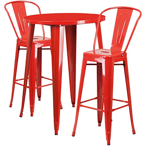 Flash Furniture Commercial Grade 30" Round Red Metal Indoor-Outdoor Bar Table Set with 2 Cafe Stools