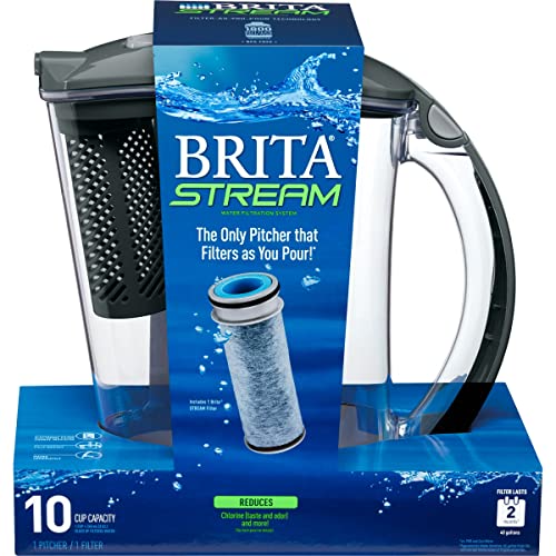 Brita Large Water Filter Pitcher for Tap and Drinking Water with 1 Stream Filter, Lasts 2 Months, 10-Cup Capacity, BPA Free, Carbon