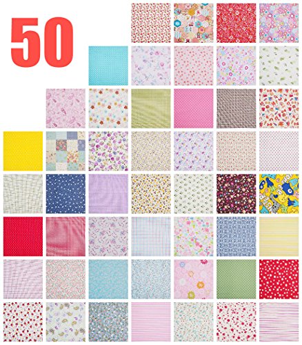 RayLineDo 50pcs 8 x 8 inches (20cmx20cm) Printed Cotton Fabric Bundle Squares Patchwork DIY Sewing Scrapbooking Quilting Pattern Artcraft