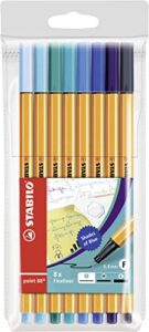 stabilo point 88 fineliner pen wallet of 8, pack of 8 shades of blue, assorted colours shades of blue