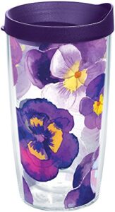tervis watercolor pansy tumbler with wrap and royal purple lid 16oz, clear