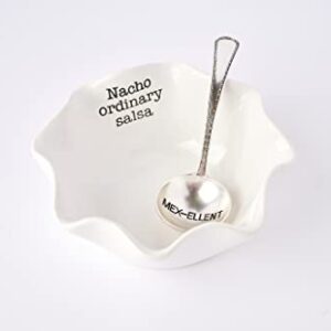 Mud Pie Salsa Ceramic Dip Cup Set, Nacho, White & Silver