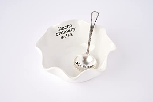 Mud Pie Salsa Ceramic Dip Cup Set, Nacho, White & Silver