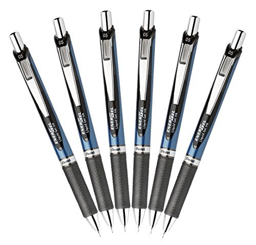 Pentel EnerGel Deluxe RTX Retractable Liquid Gel Pen, Fine Line, 0.5mm Needle Tip, Blue Barrel, Black Ink, Pack of 6