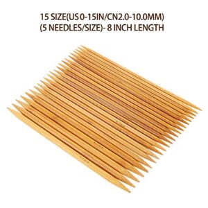 RELIAN Double Pointed , 75 Pcs Bamboo Knitting Needles Set, 15 Sizes from 2.0mm-10.0mm(8 Inches Length)+ 4Pcs Knitting Needles Point Protectors