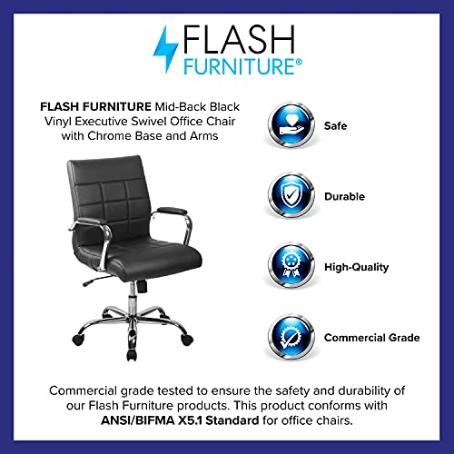 Flash Furniture Vivian Mid-Back Black Vinyl Executive Swivel Office Chair with Chrome Base and Arms