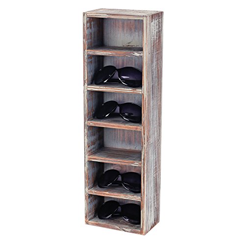 MyGift Wall Mounted Rustic Solid Torched Wood Sunglasses Holder Organizer Shelf, Freestanding Vertical Eyewear Retail Display Rack, Holds 6 Pairs