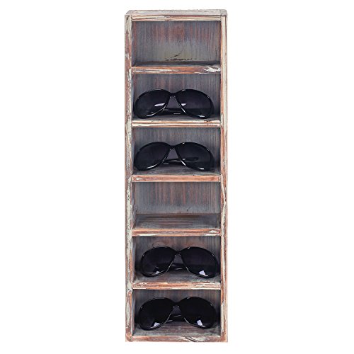 MyGift Wall Mounted Rustic Solid Torched Wood Sunglasses Holder Organizer Shelf, Freestanding Vertical Eyewear Retail Display Rack, Holds 6 Pairs