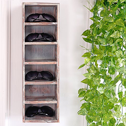 MyGift Wall Mounted Rustic Solid Torched Wood Sunglasses Holder Organizer Shelf, Freestanding Vertical Eyewear Retail Display Rack, Holds 6 Pairs