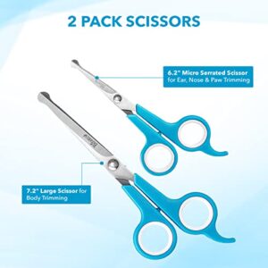 BOSHEL 2 Pc Dog Grooming Kit - Dog Grooming Scissors with Round Tips - 6" Micro Serrated Puppy Trimming Scissor For Face, Ear, Nose & Paw + 7" Pet Grooming Shear cutting more Hair - Dog Scissors Set
