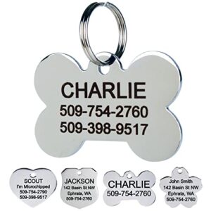 gotags dog tags personalized engraved pet id tags, stainless steel dog and cat tags, front and backside engraving, available in bone, round, heart, bow tie and more, small and large (pack of 1)