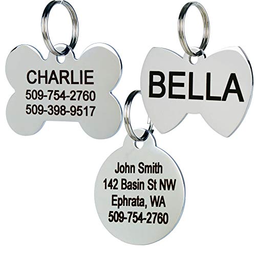 GoTags Dog Tags Personalized Engraved Pet ID Tags, Stainless Steel Dog and Cat Tags, Front and Backside Engraving, Available in Bone, Round, Heart, Bow Tie and More, Small and Large (Pack of 1)