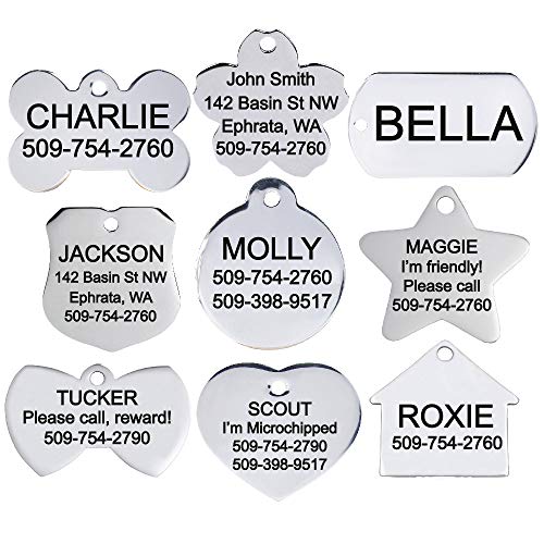 GoTags Dog Tags Personalized Engraved Pet ID Tags, Stainless Steel Dog and Cat Tags, Front and Backside Engraving, Available in Bone, Round, Heart, Bow Tie and More, Small and Large (Pack of 1)