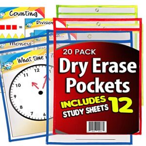 iprimio dry erase learning sheets (20 pack) - includes 12 learning sheets - multicolored pockets - wipes clean - fits 9" by 12" paper in pocket